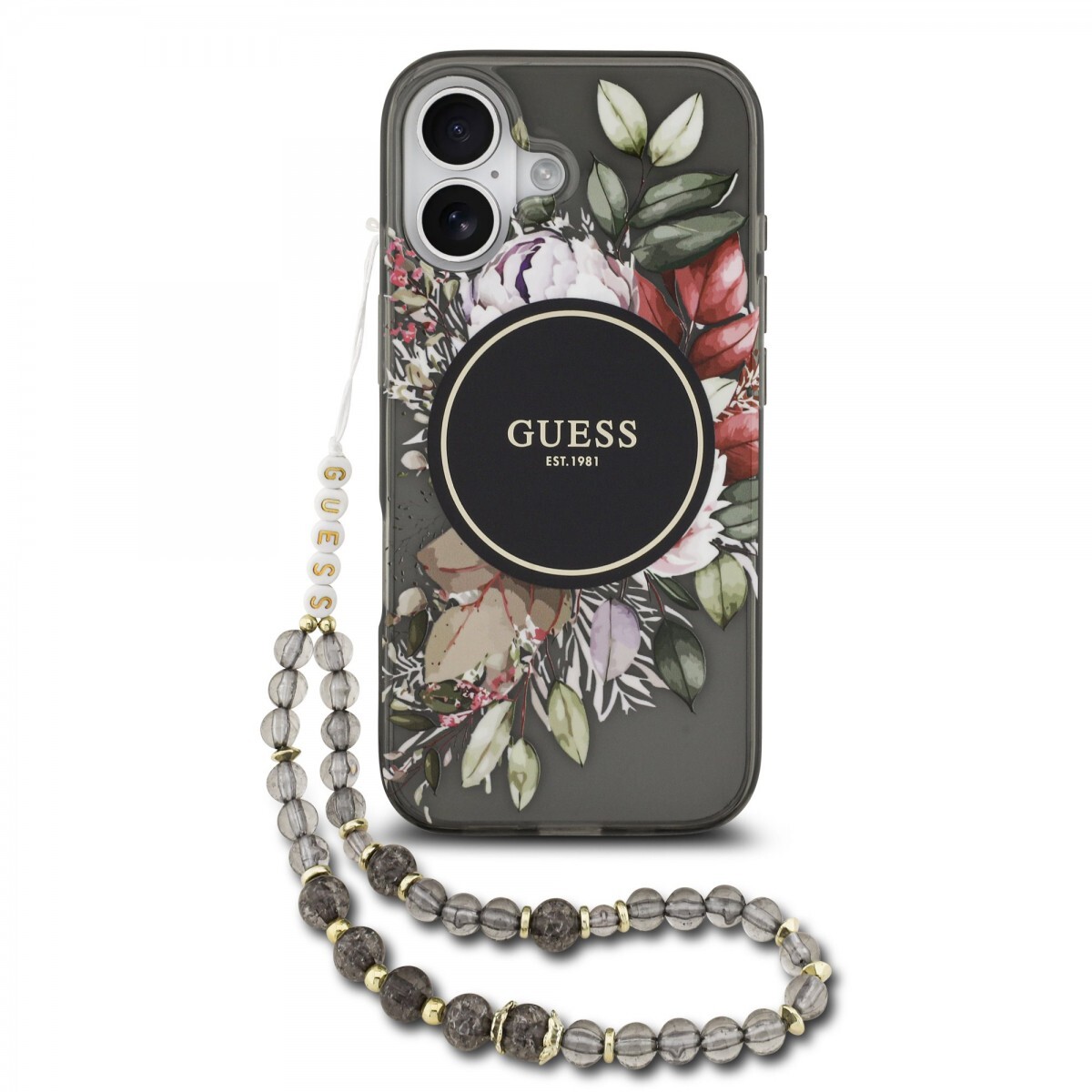 Zadní kryt Guess IML Flowers Strap MagSafe pro iPhone 17 Black