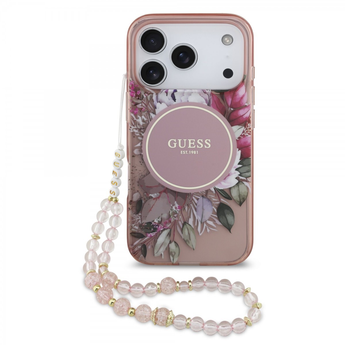 Zadní kryt Guess IML Flowers Strap MagSafe pro iPhone 17 Pro Pink