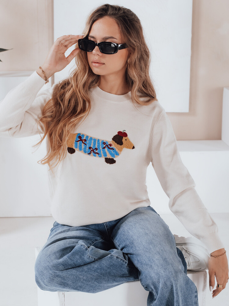 Damski sweter z aplikacją psa CHICPAWS kremowy Dstreet