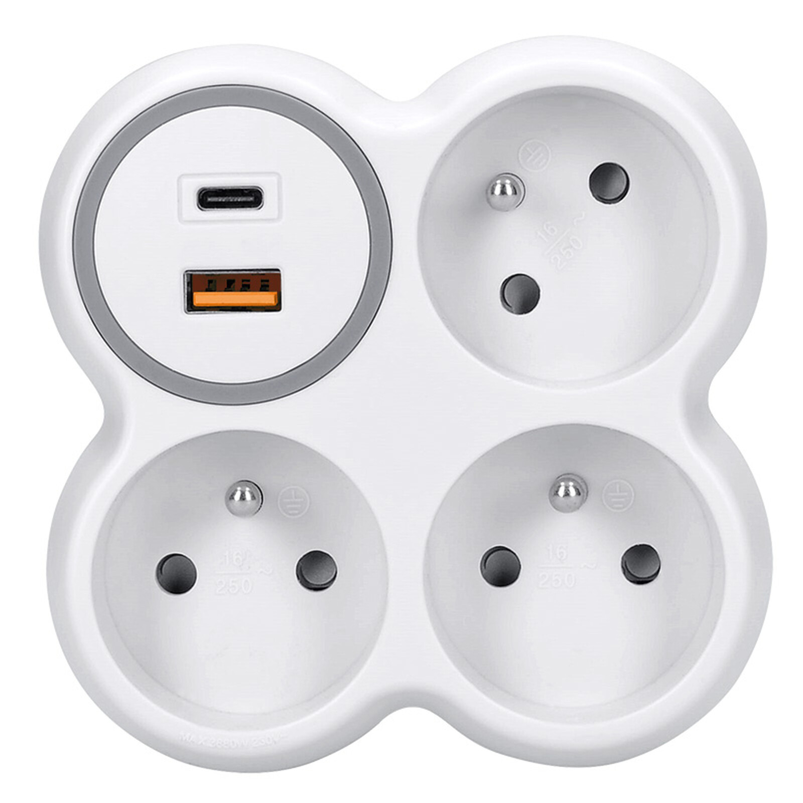 Solight rozbočka, 3x 16A, USB A+C rychlonabíječka 20W PD, bílá-šedá P106C-PD20