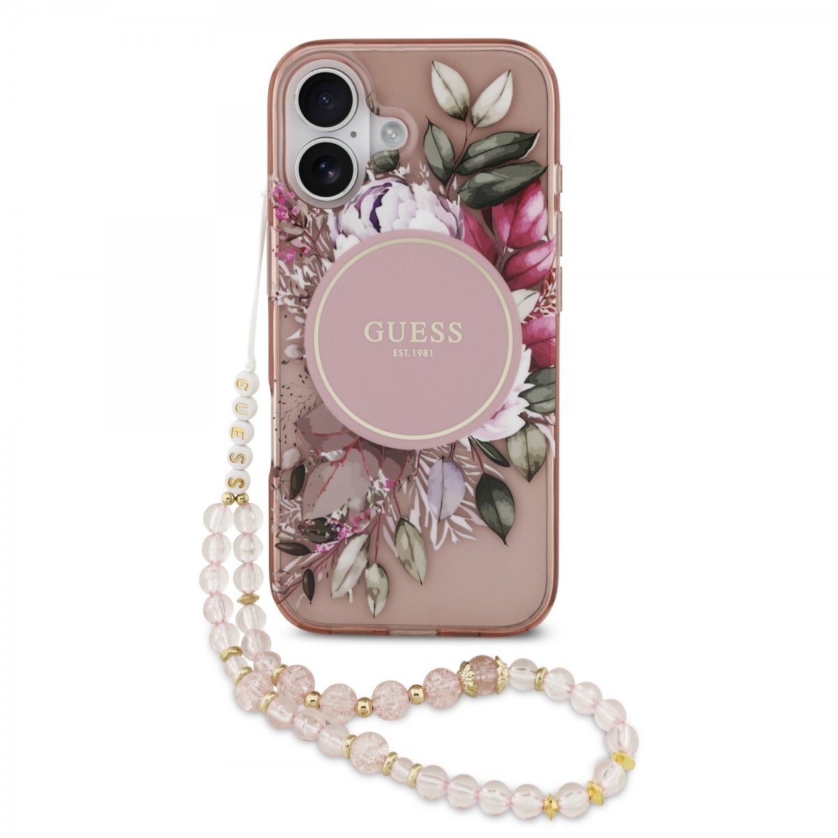 Zadní kryt Guess IML Flowers Strap MagSafe pro iPhone 17 Pink