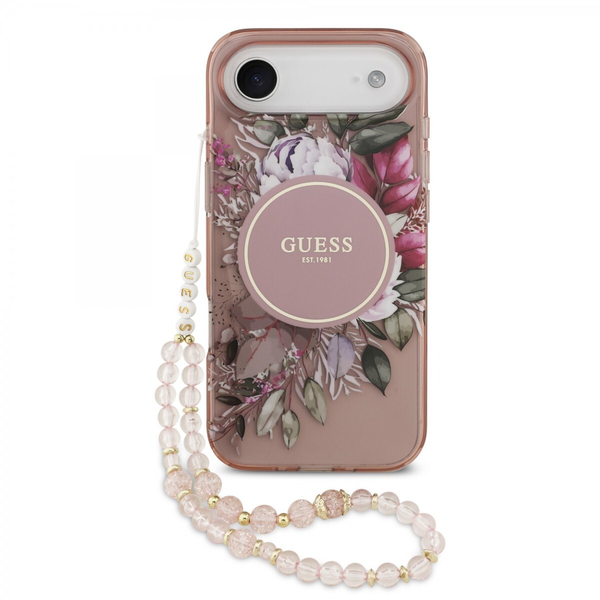 Zadní kryt Guess IML Flowers Strap MagSafe pro iPhone 17 Air Pink