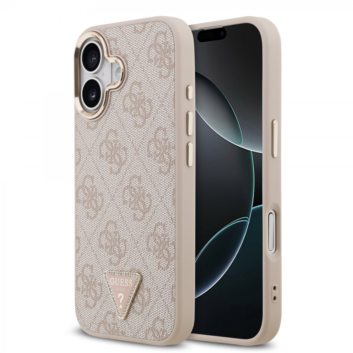 Zadní kryt Guess PU Leather 4G Triangle Logo Gold Frame MagSafe pro iPhone 17 Pink