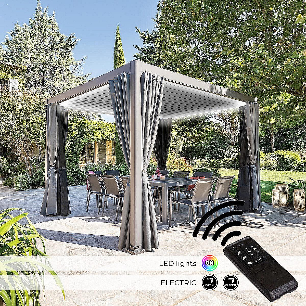 DEOKORK Zahradní hliníkový altán elektrický MEGAN 4x3 m (grafit)