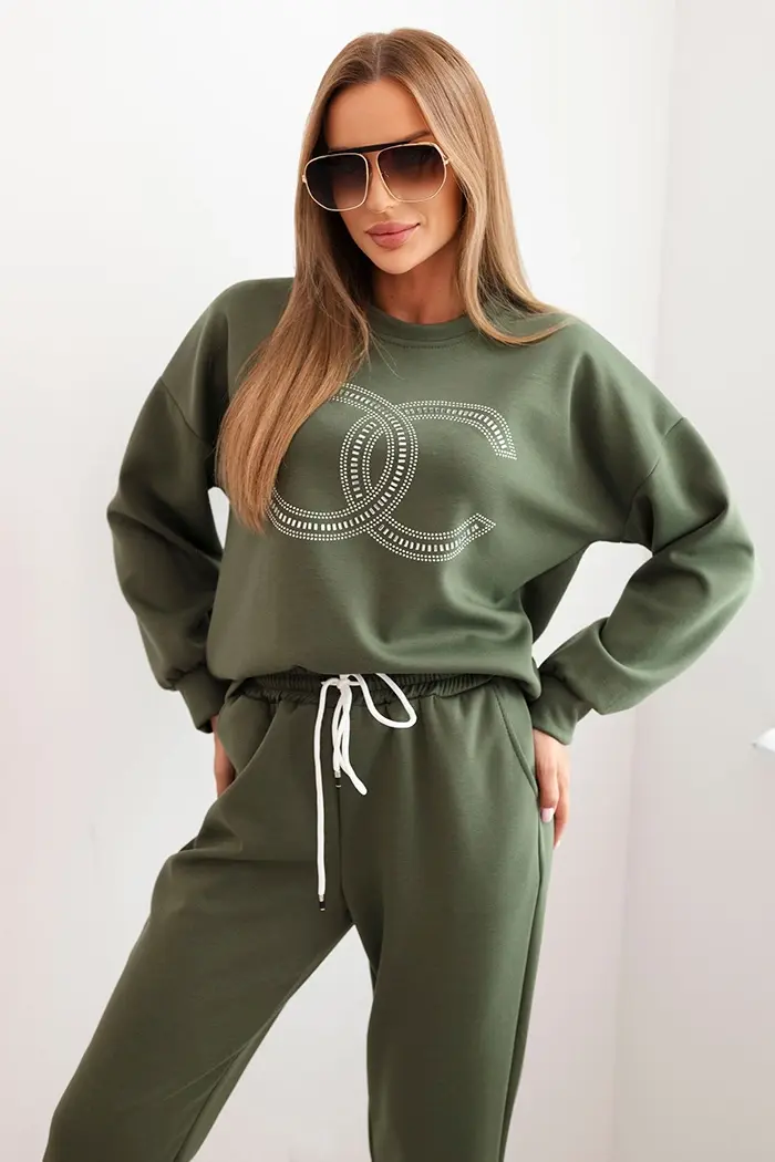 Kesi Włoski Dámský komplet z viskózy s ozdobným motivem a kalhotami khaki