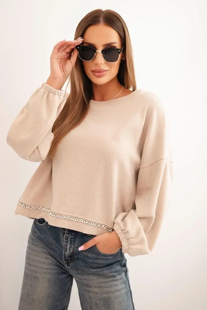 Kesi Włoski Dámská mikina s ozdobným lemem na dolní části béžová