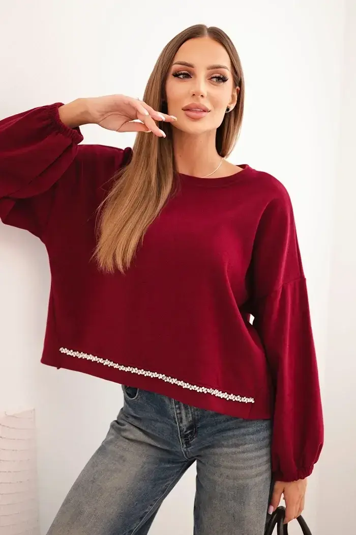 Kesi Włoski Dámská mikina s ozdobným zakončením dole bordová