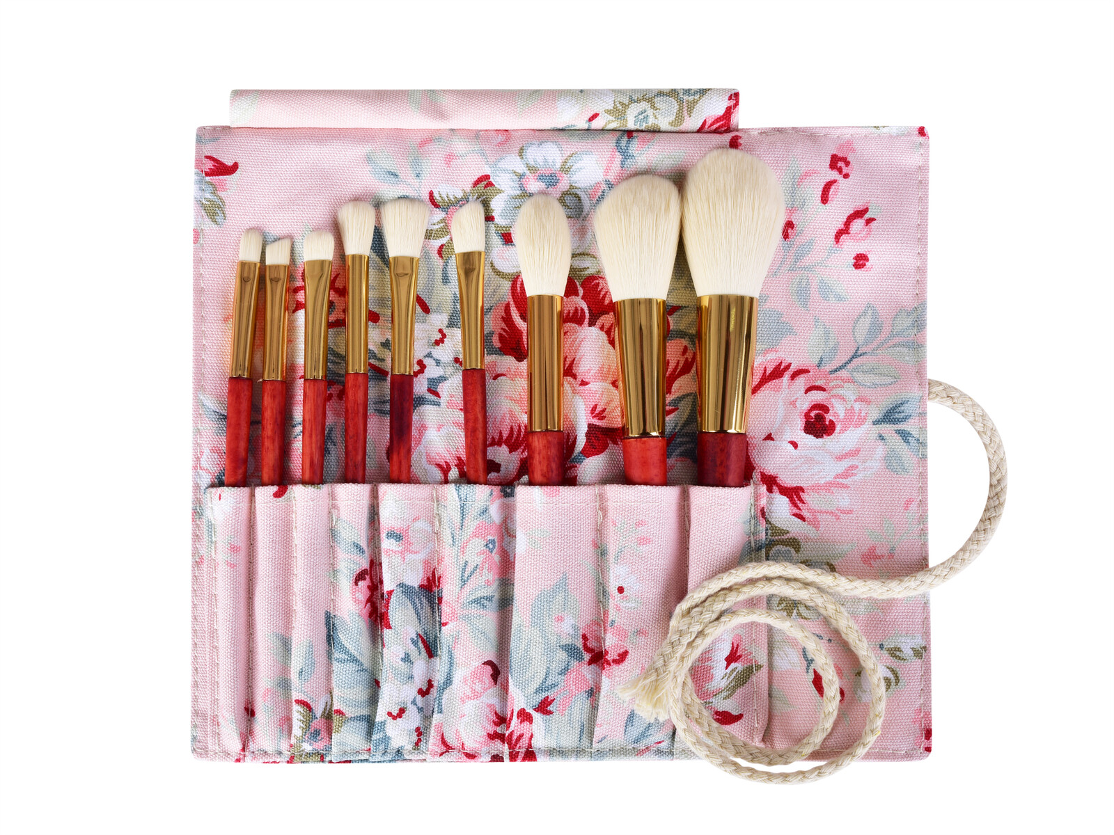 BEAUTY | 9 ks profesionálních přírodních štětců na make-up | s látkovým pouzdrem | sada pro líčení | růžová