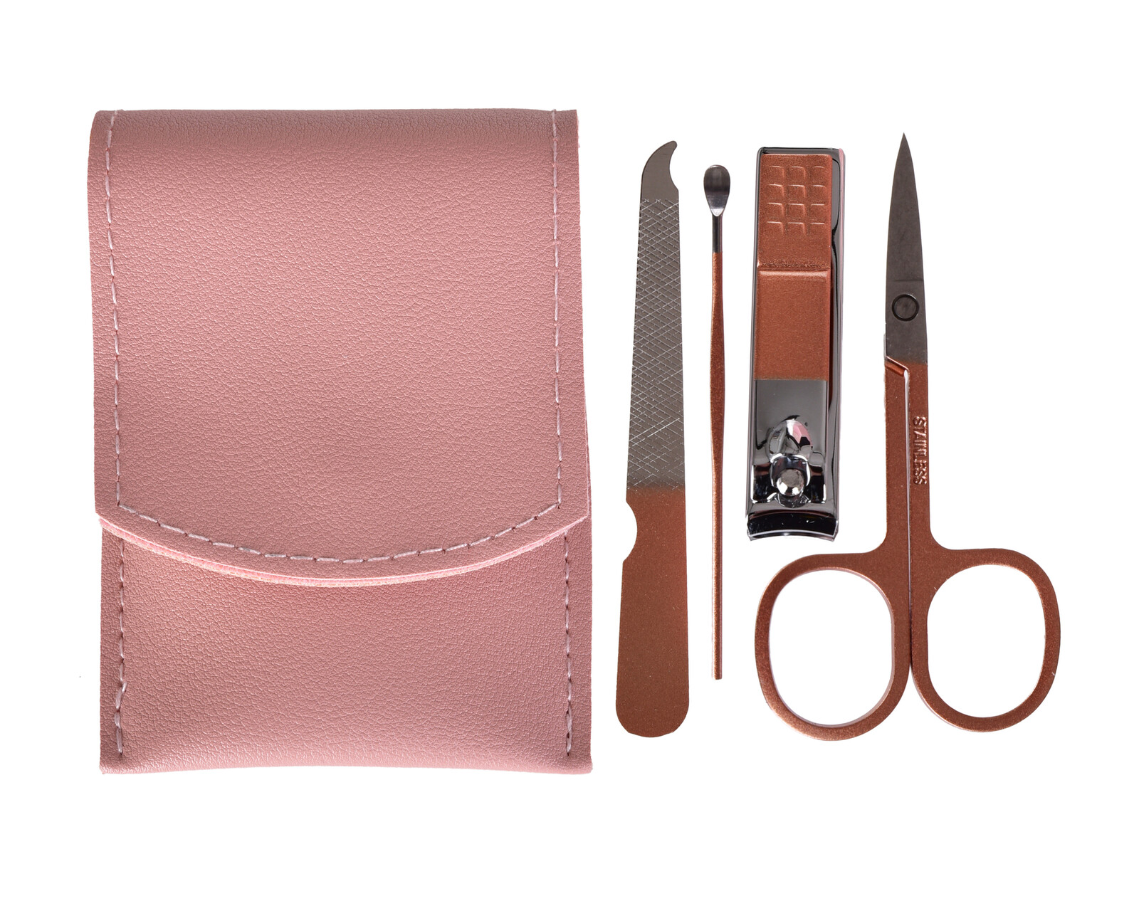 BEAUTY | Cestovní manikúra 5dílná sada | nerezová ocel | v pouzdře z eko kůže | pudrová