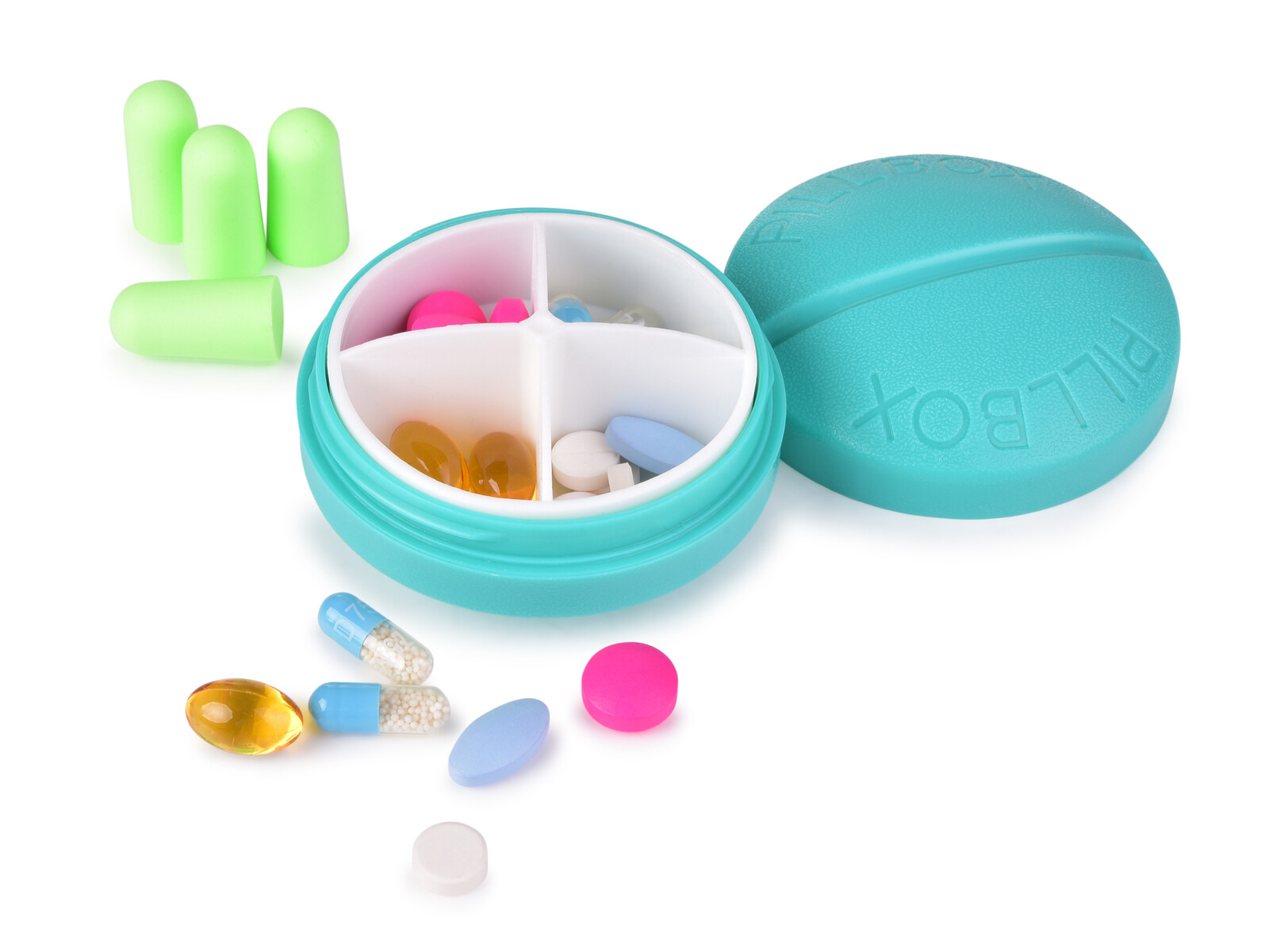 LÉKOVNÍK | Zásobník na léky a vitamíny | 4 přihrádky + špunty do uší