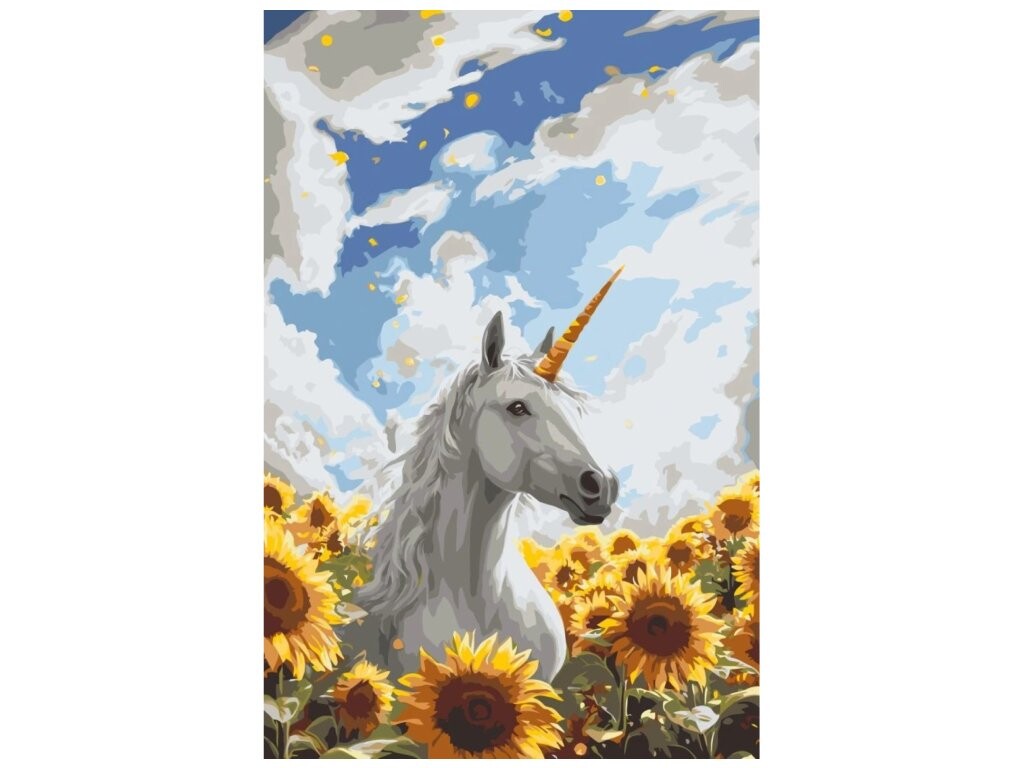 Malování podle čísel - AGNIESZKA MLECZEK - JEDNOROŽEC A SLUNEČNICE Rozměr: 40x60 cm, Rámování: bez rámu a bez vypnutí plátna