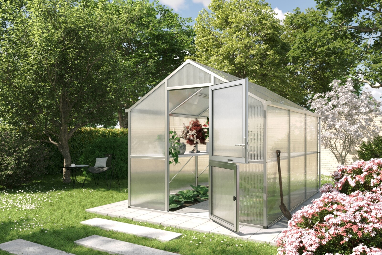 Zahradní skleník KGT Iris III 3,2 x 2,3 m, šedá hliník