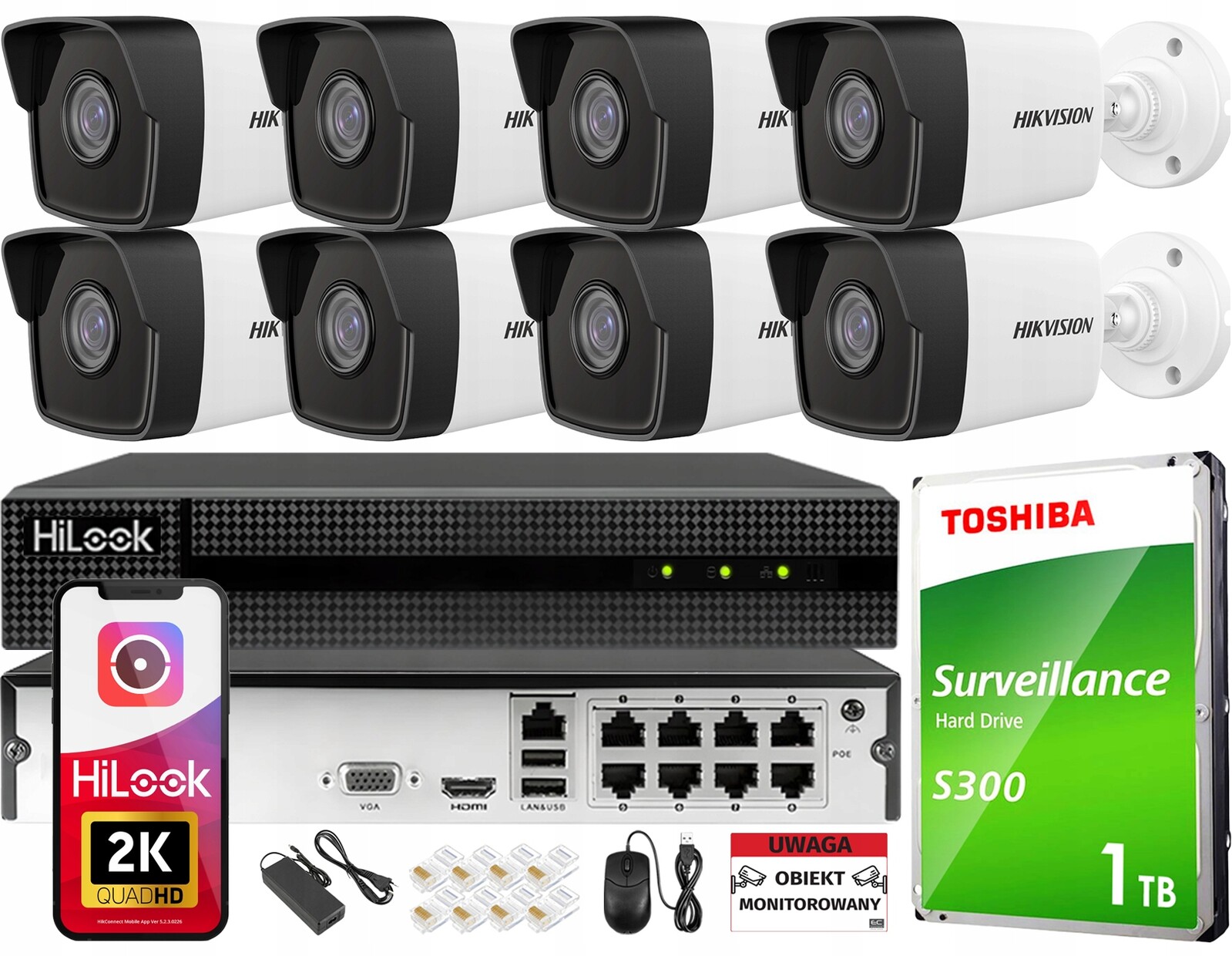 Monitorovací sada 8x Ip PoE venkovní kamera Hikvision Bez kabelu Disk 2TB