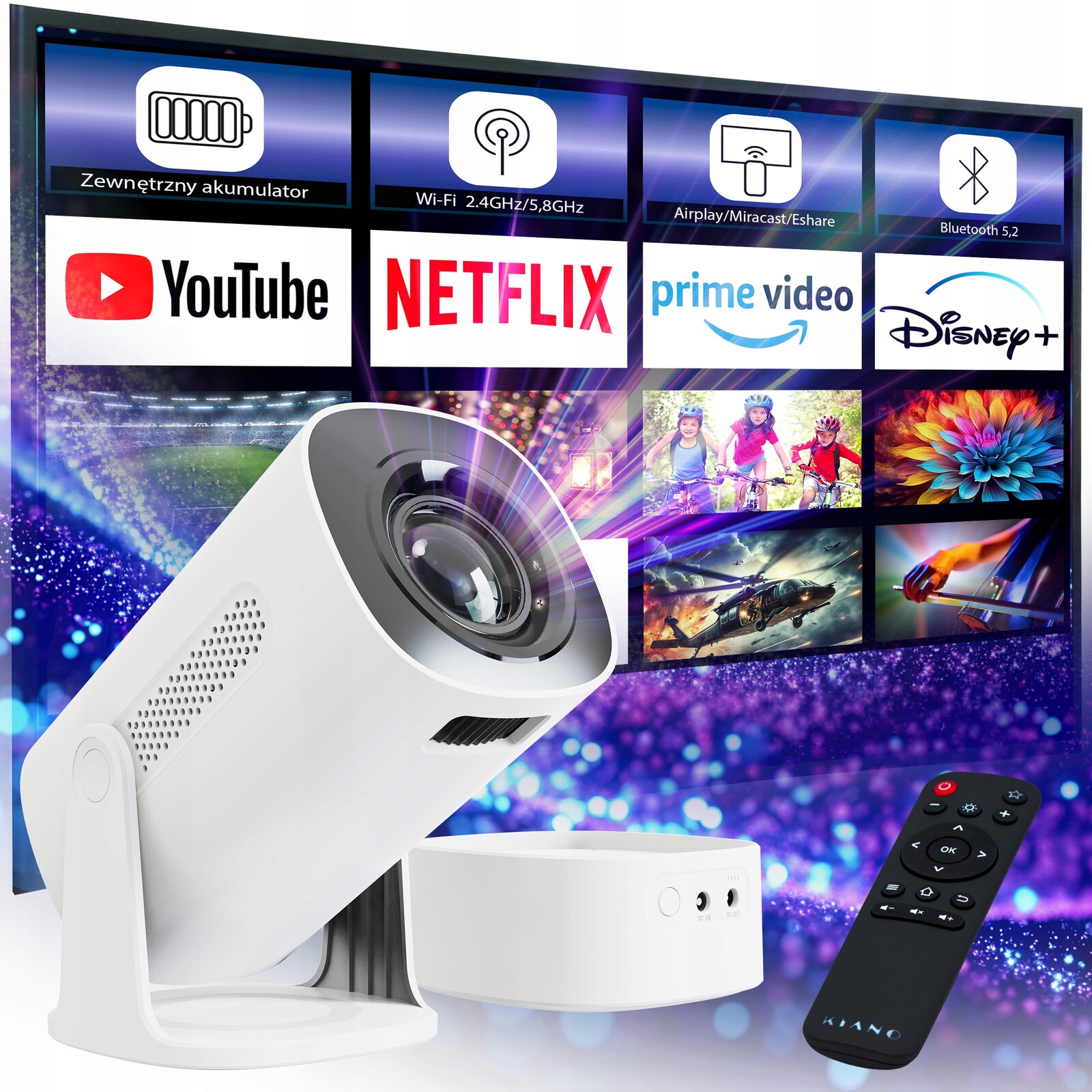 Bezdrátový projektor WiFi Bluetooth 4K Led v balení s baterií