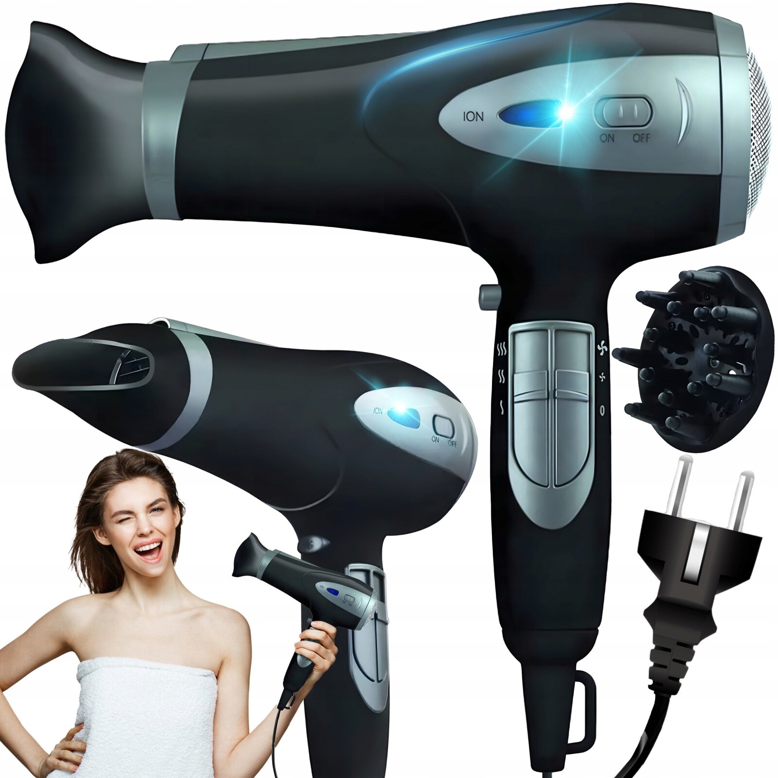 Vysoušeč vlasů s ionizací a studeným přívodem vzduchu s příslušenstvím 5v1 2000 W