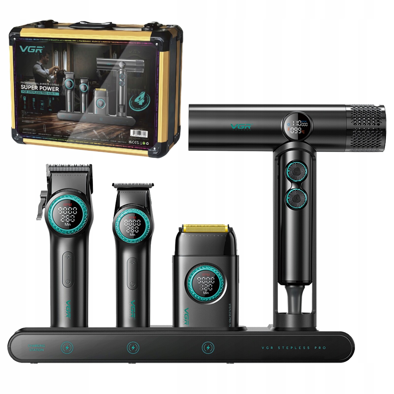 Sada Strojek Zastřihovač Holicí Strojek Sušička Nabíjecí stanice Kufr Vgr 4v1