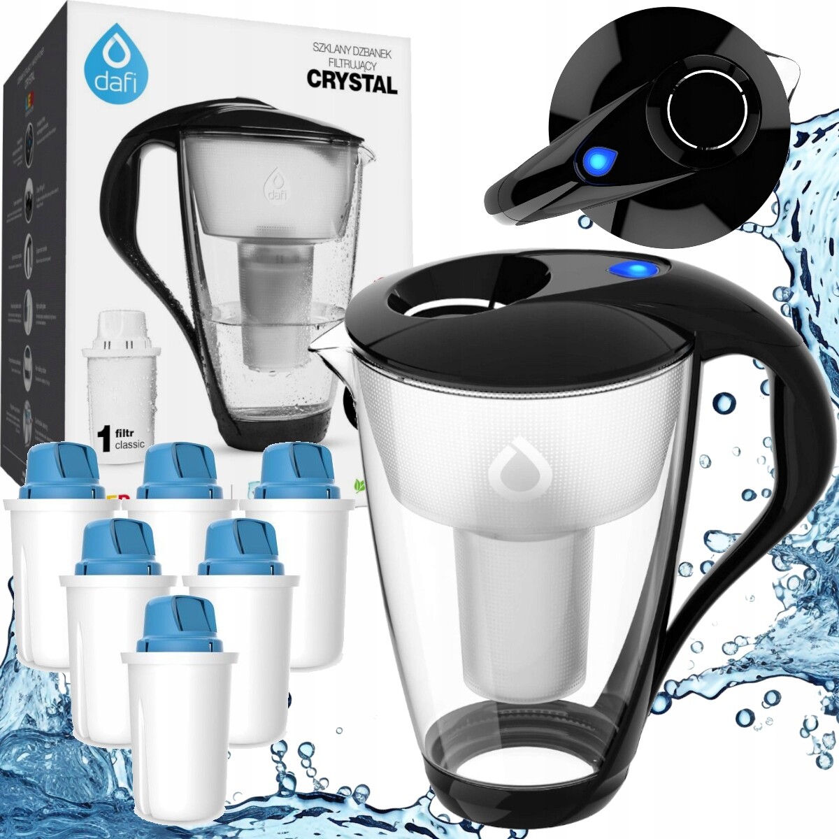 Sada skleněných filtrační konvice na vodu Dafi Crystal Led 6 filtrů Mg