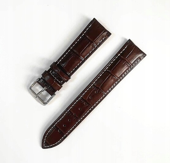 Hnědý kožený řemínek na hodinky 22 mm s bílým lemováním, vzor krokodýlí kůže