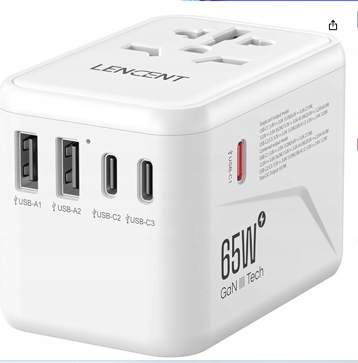 Adaptér Lencent 65W Univerzální cestovní adaptér Bílý