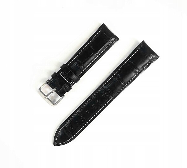 Černý kožený řemínek na hodinky 22 mm bílé lemování, vzor krokodýlí kůže