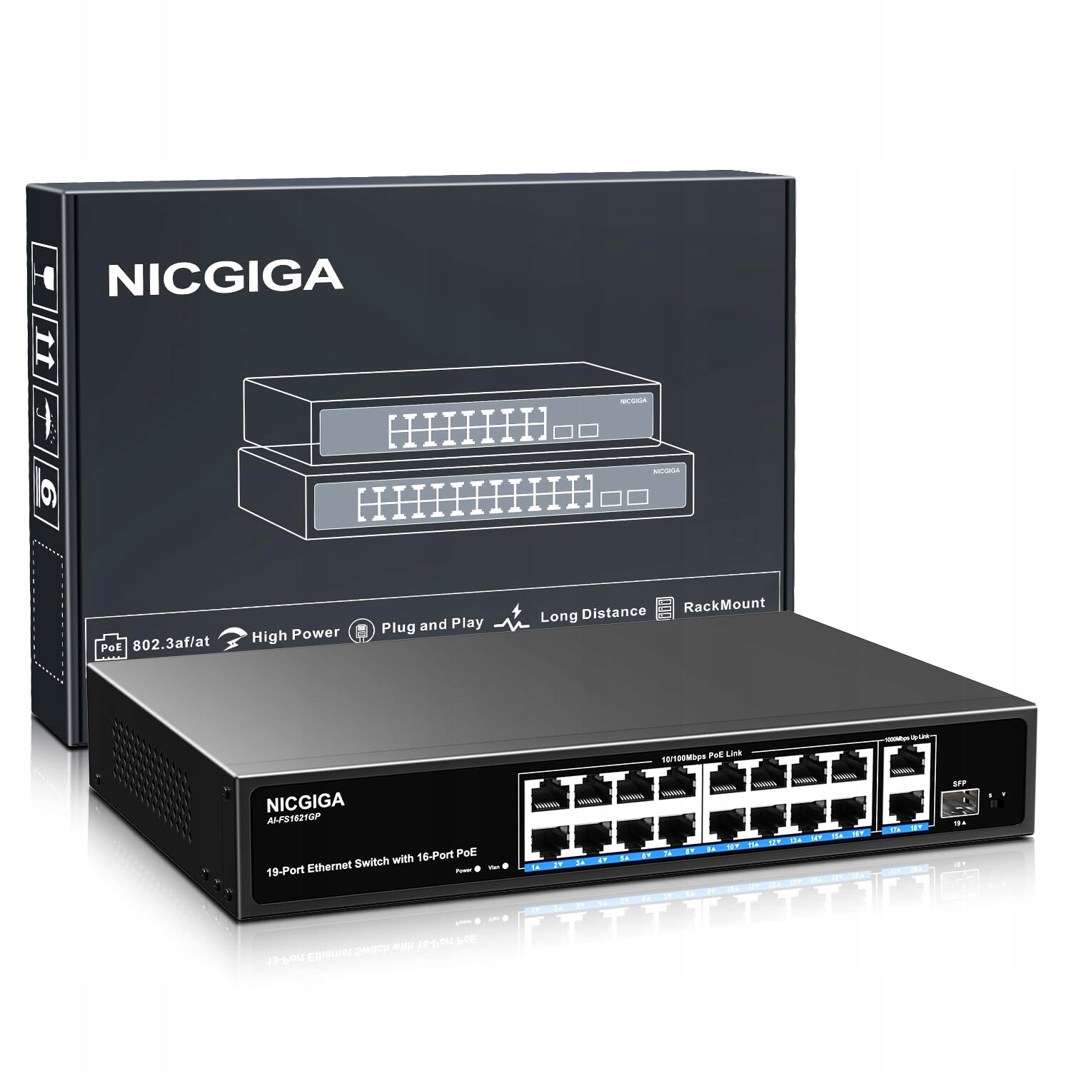 19-portový přepínač Power Over Ethernet Nicgiga, režim Vlan