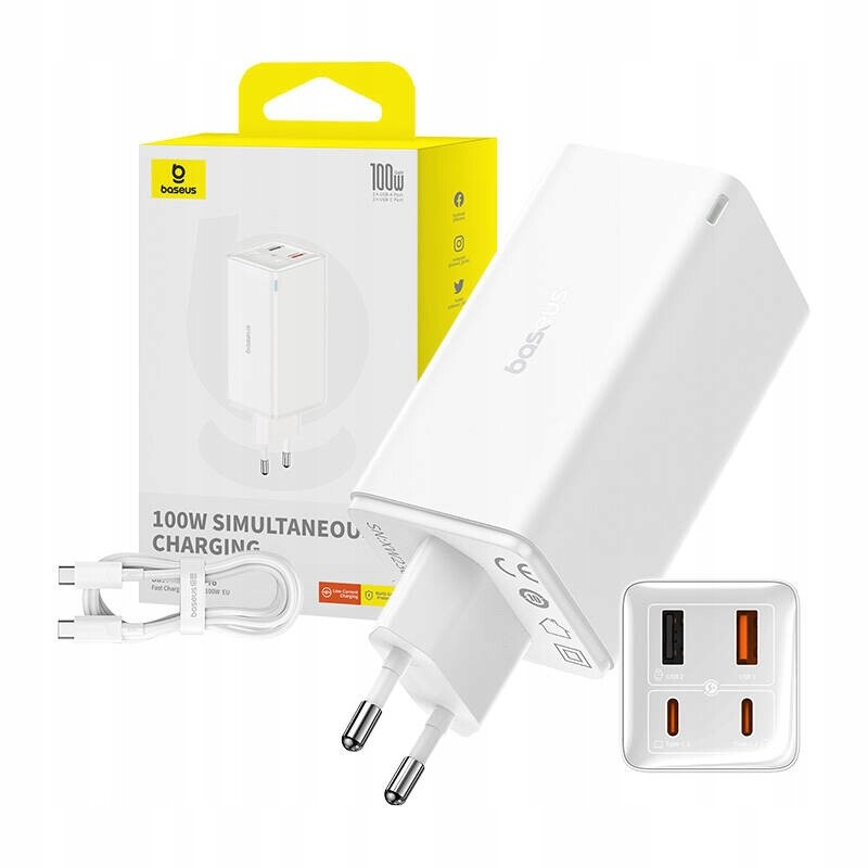 Baseus Nabíječka Napájecí adaptér Nabíjecí stanice GaN3 2x Usb-c 2x Usb-a 65W Bílá
