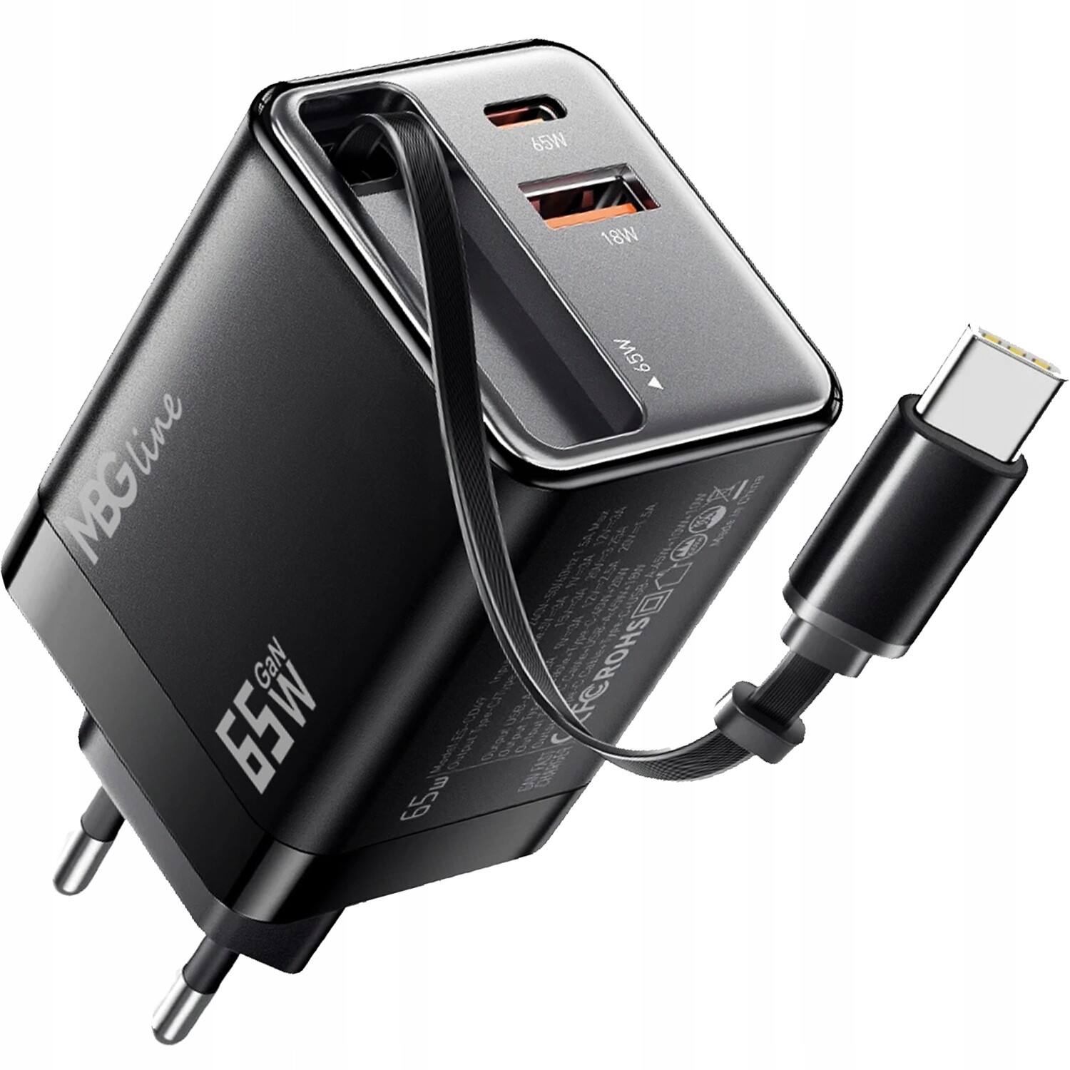 Rychlá síťová Usb nabíječka Gan 65W Pd, navíjecí kabel s Usb-c kabelem QC3.0