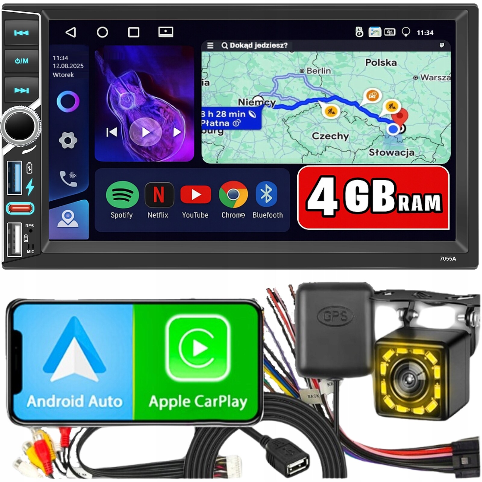 Autorádio 2 Din 4GB Ram Android Auto Carplay Android 15 Rds Dsp 7