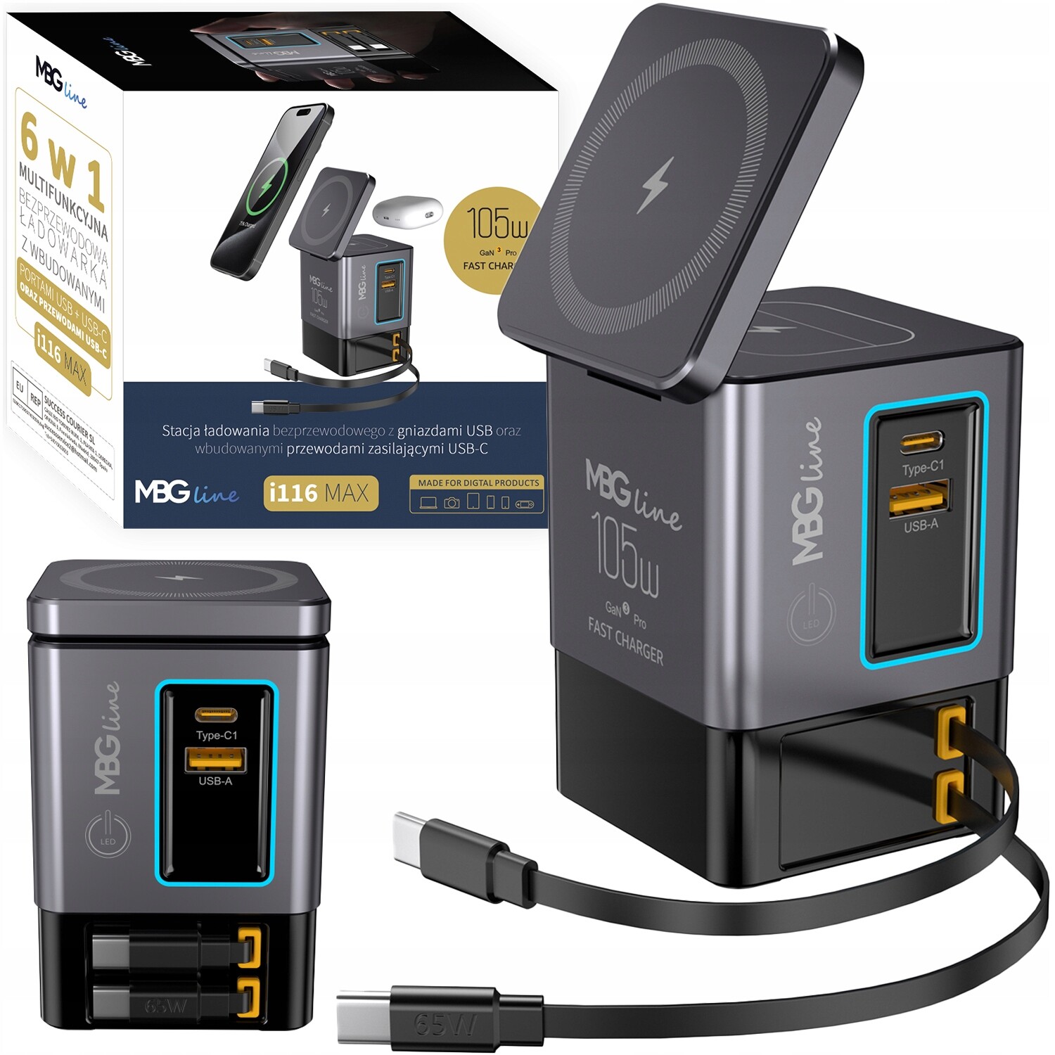 Rychlá Usb nabíječka Napájecí adaptér Gan 105W Pd Navíjecí kabel 6v1 Usb-c QC4.0 Led