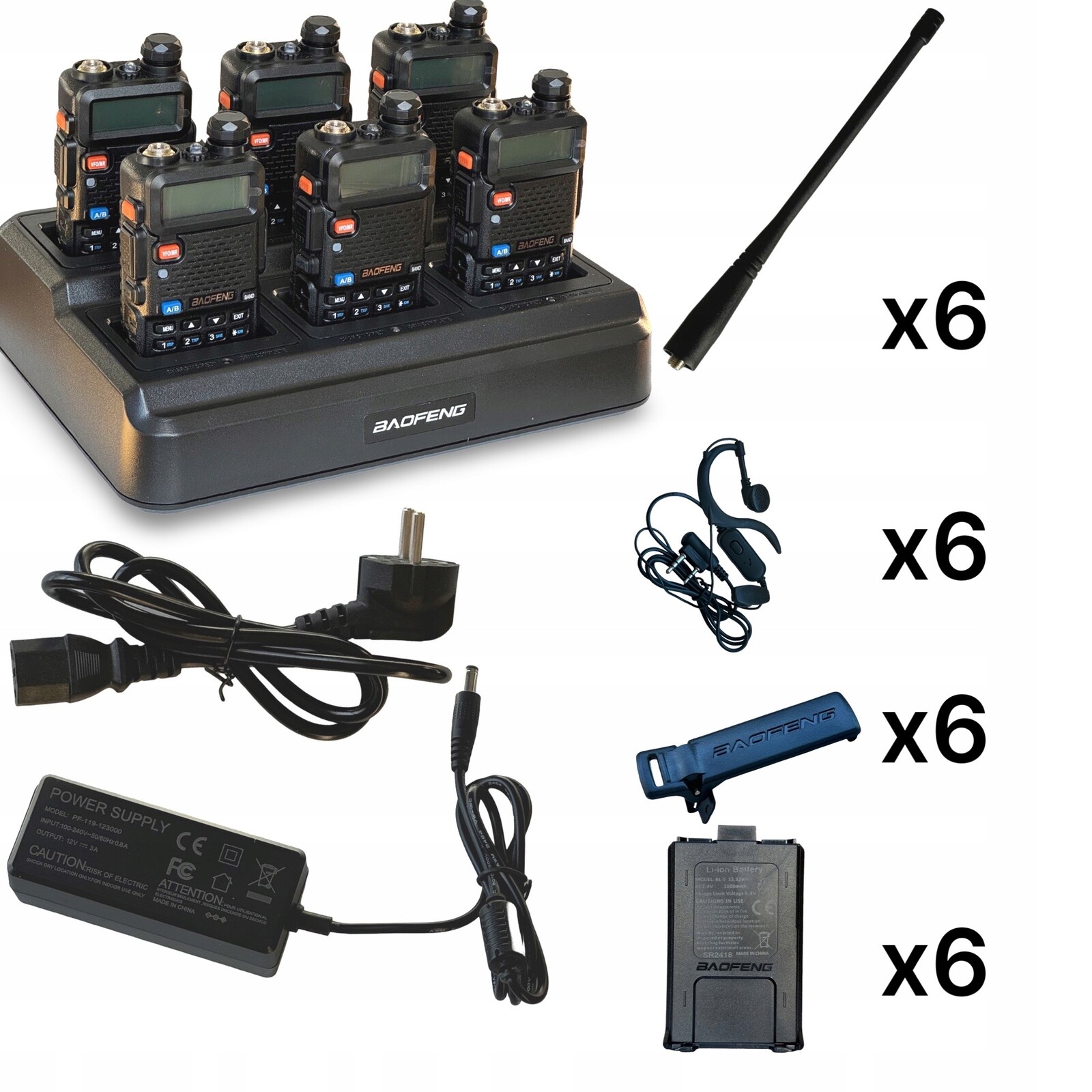 Sada 6 x Baofeng UV-5R P51UV 8W 6-zásuvková nabíječka Pmr