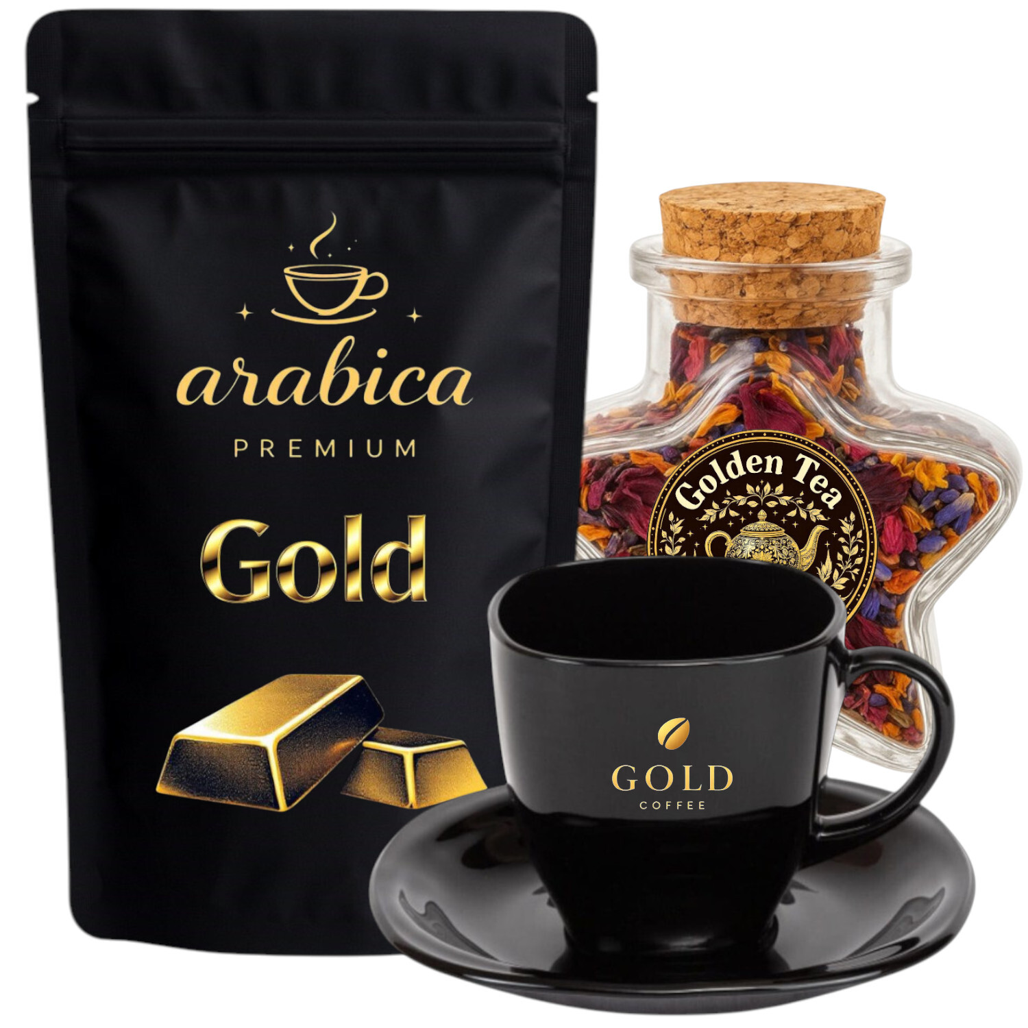 Dárková sada káva , čaj a šálek v černé krabičce s okénkem