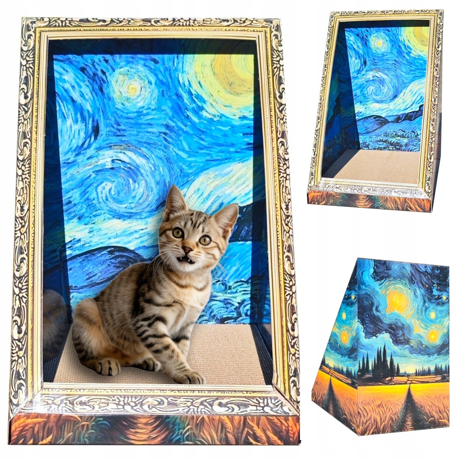 Kartonové škrabadlo pro kočky 3D Kartonový obraz Hvězdná noc Van Gogh