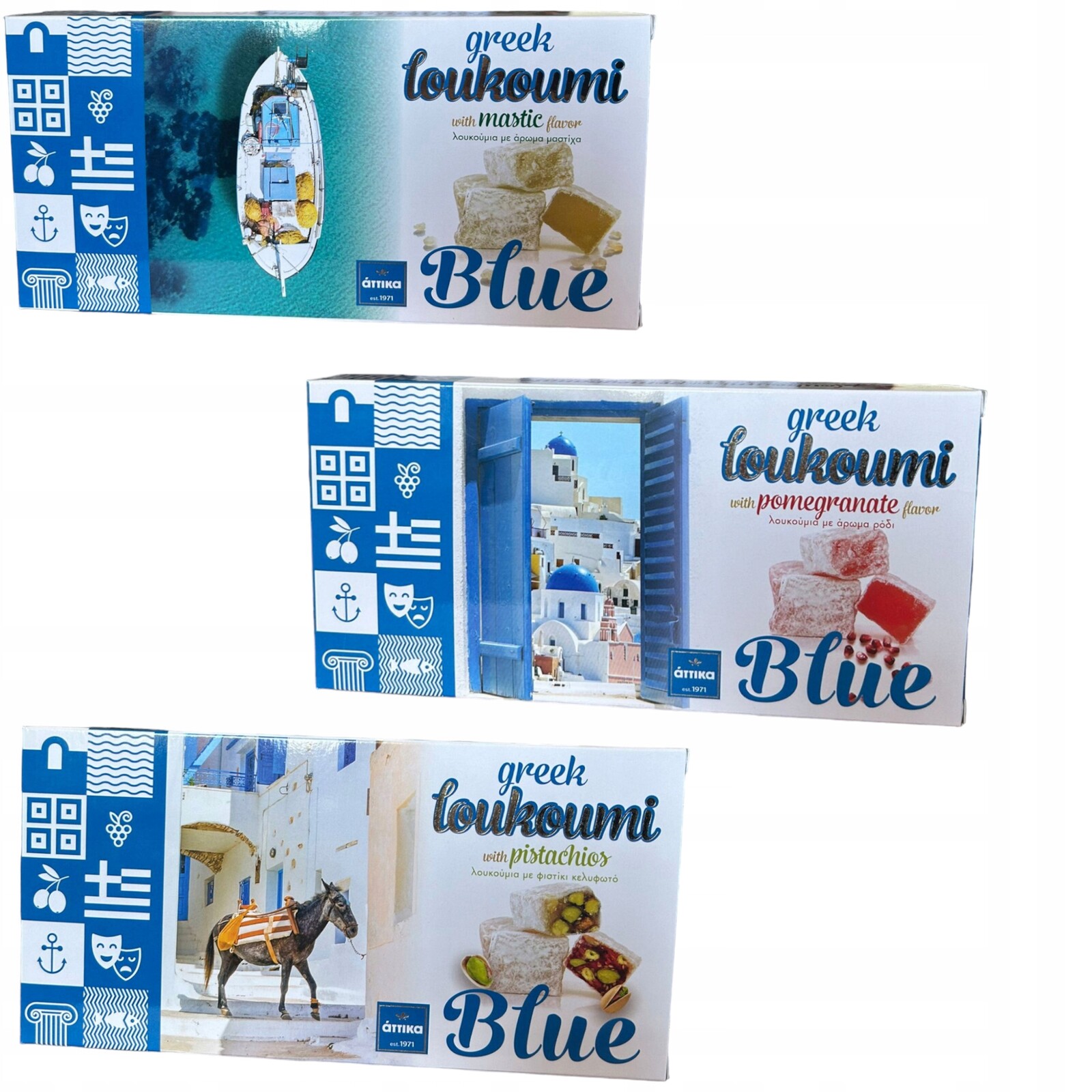 Želé Loukoumi Pistácie, Granátové jablko, Mastyksu Attika Blue 3x280g Řecké