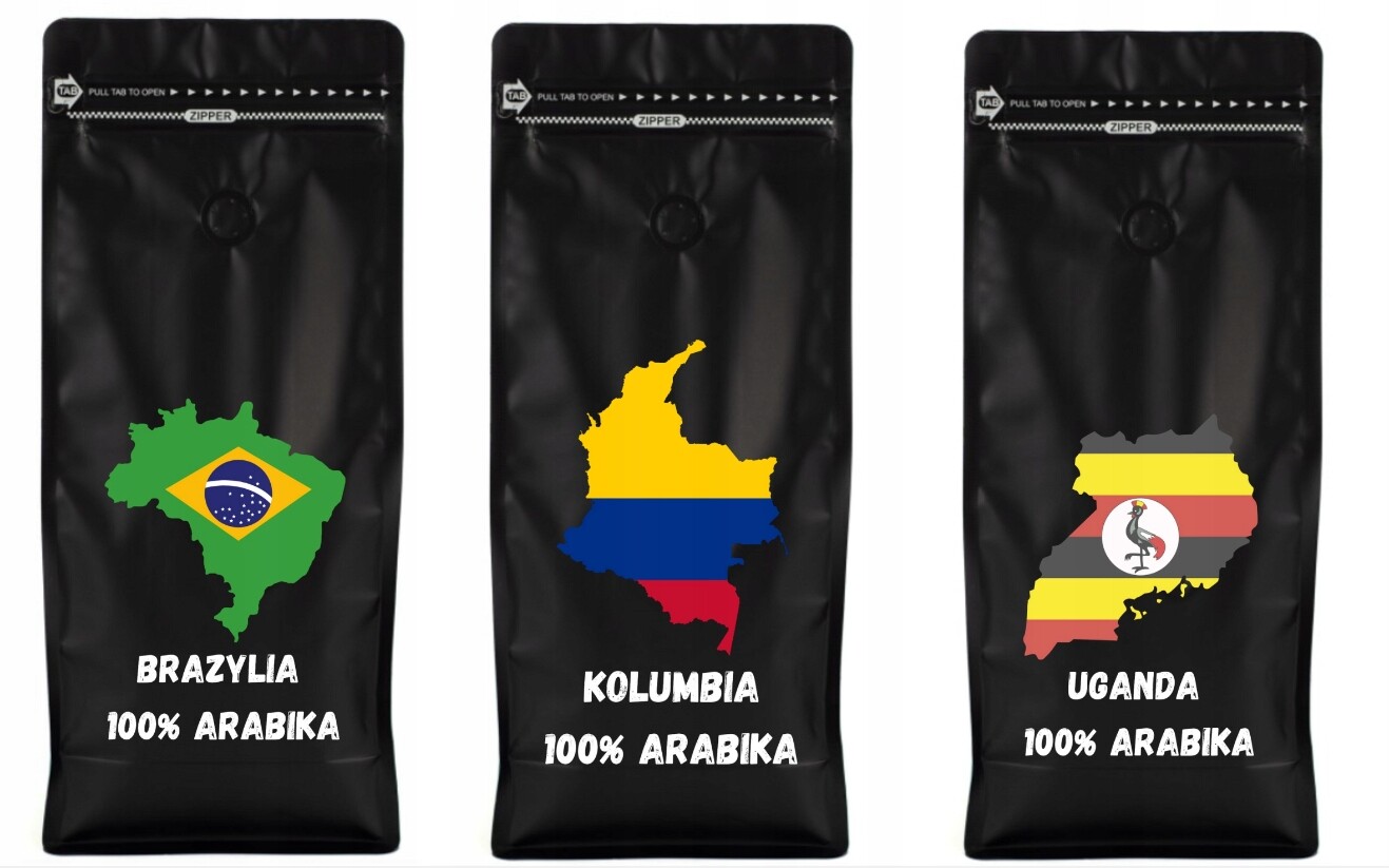 Káva zrnková Čerstvě pražená Sada 3 x 1 kg Brazílie Kolumbie Uganda