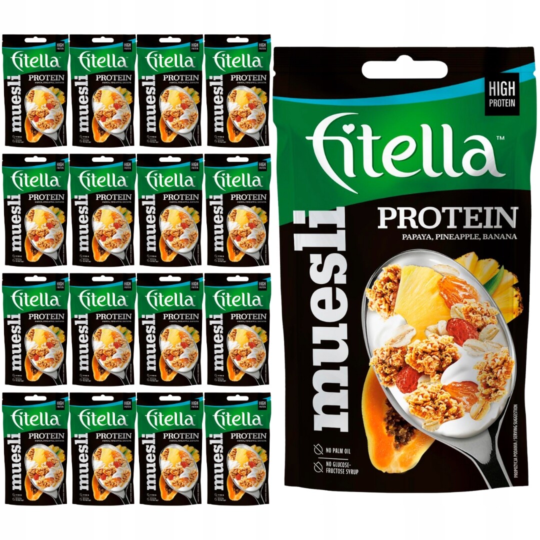 Fitella Musli tropické ovoce s vysokým obsahem bílkovin 50 g x 15 kusů