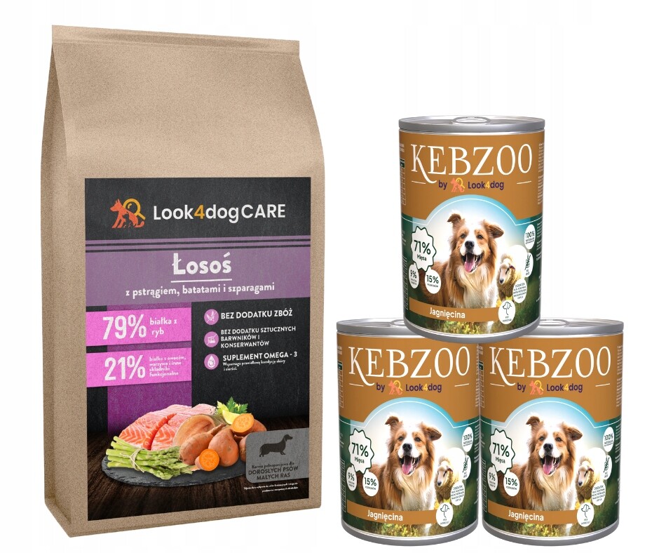 Krmivo pro psa Look4dog Losos malé plemeno 6kg 3x400g Kebzoo jehněčí 86%