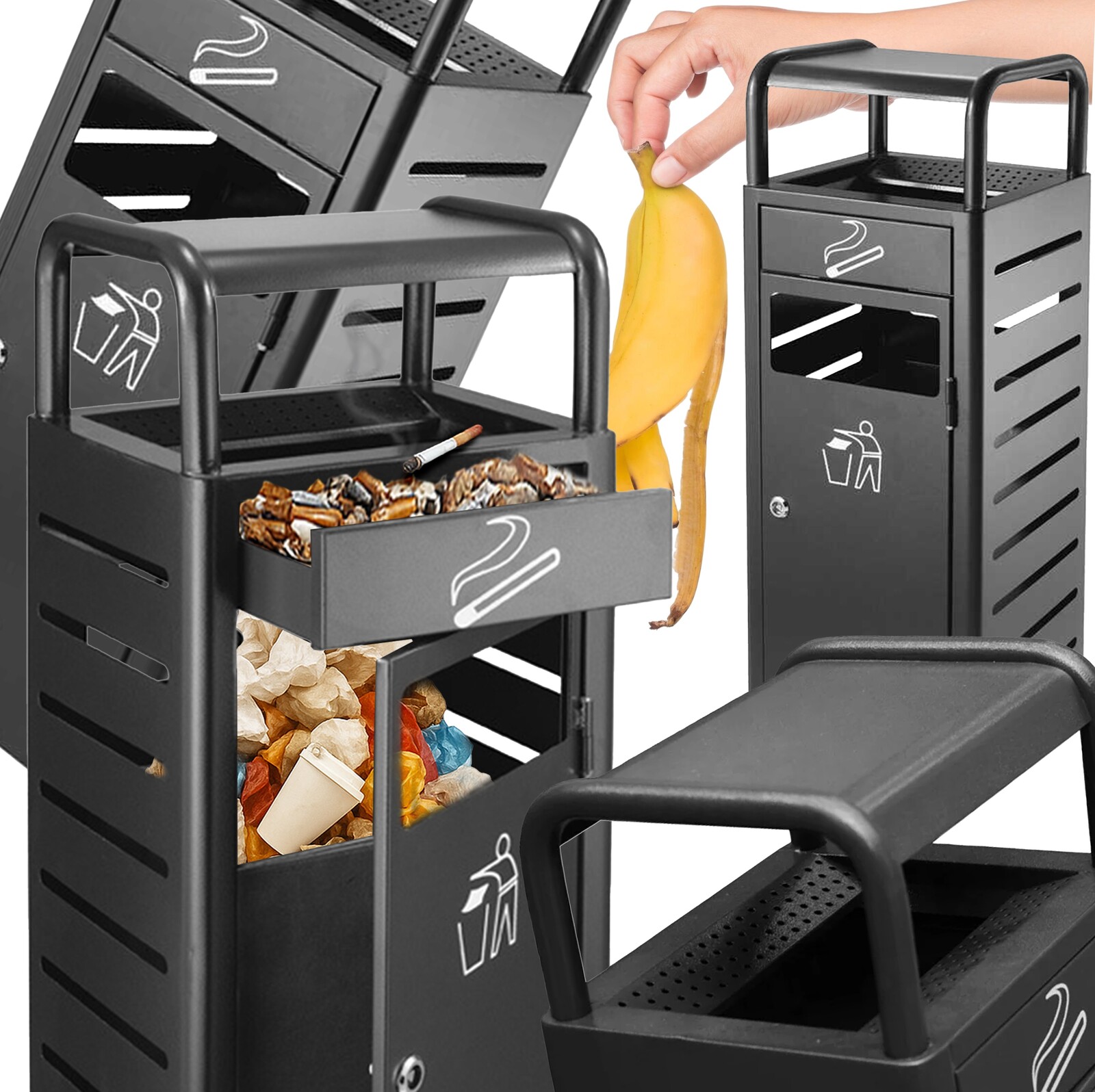 Odpadkový Koš Kovový Odpad Černý, Nádoba S Popelníkem Na Třídění