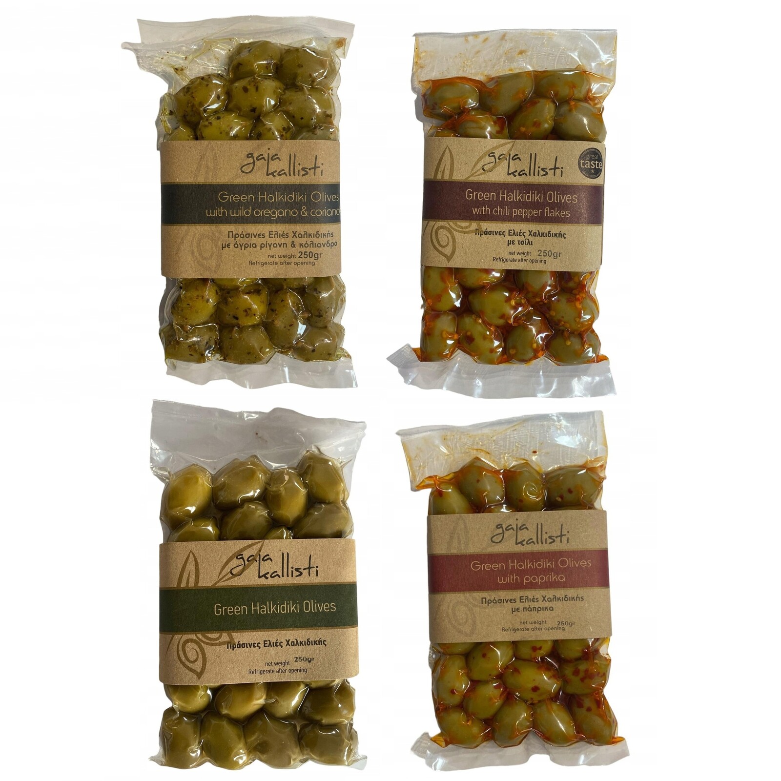 Zelené olivy z Řecka vakuově balené 4x250 g s chilli papričkami a oregánem