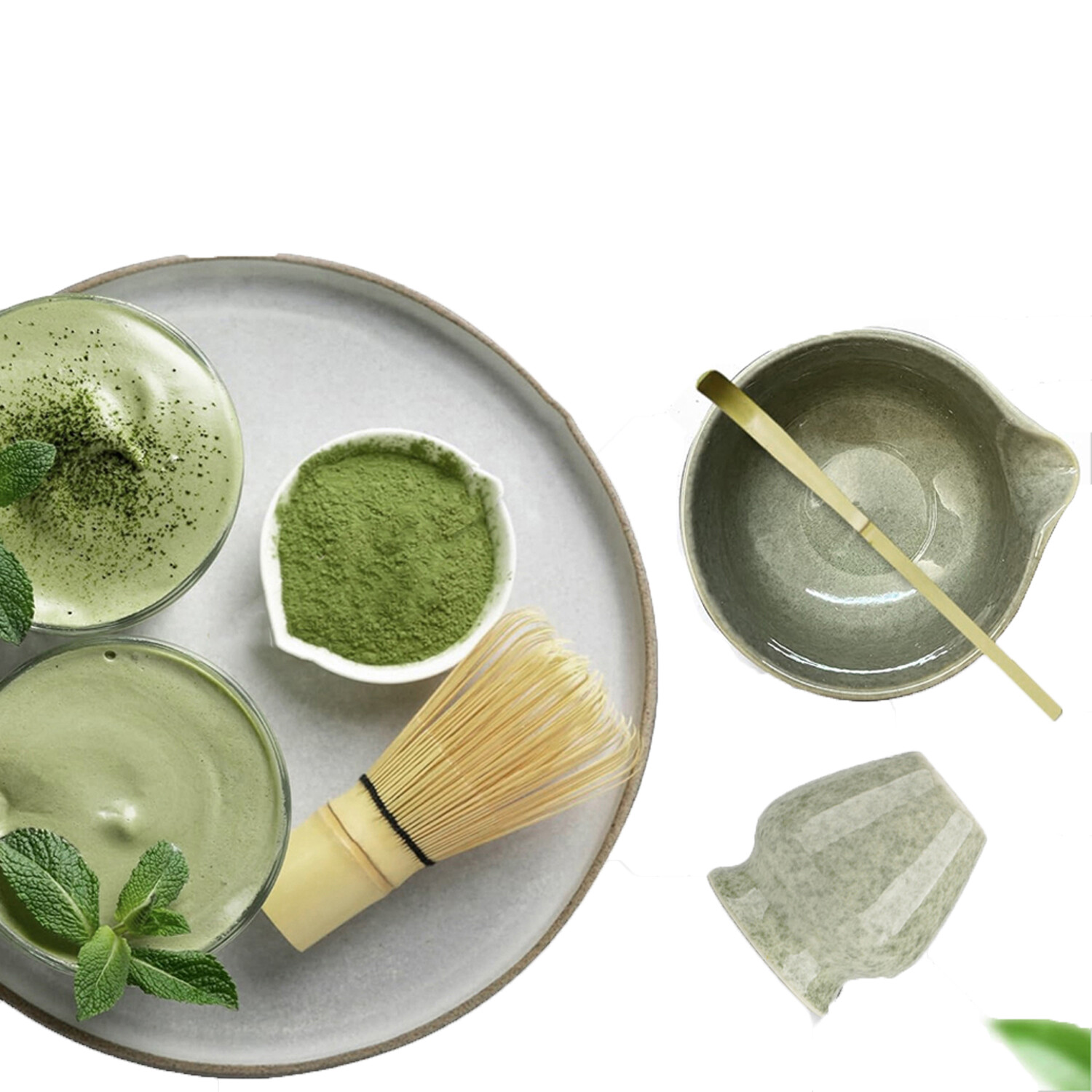 Sada na čaj matcha 4dílná s keramickou metličkou z bambusu