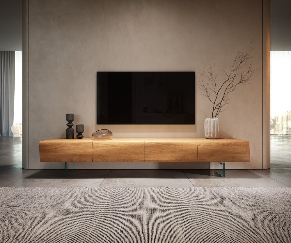 TV stolek New Live-Edge 200 cm přírodní dub 4 dvířka skleněná podnož