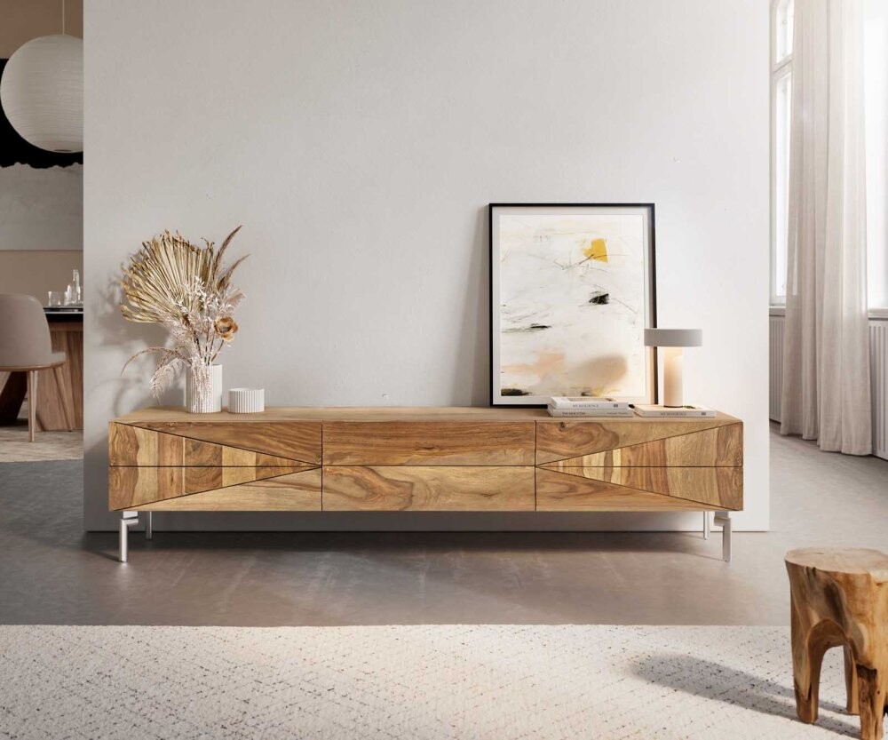 TV stolek Wyatt 175 cm sheesham přírodní 2 dvířka 1 výklopná podnož