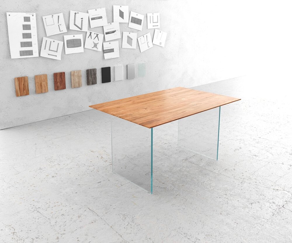 Jídelní stůl Edge 140x90 cm přírodní akácie skleněná podnož švýcarská