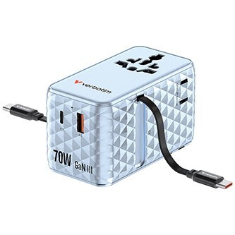 Verbatim, Cestovní adaptér univerzální Charge ,n, Travel 1x USB-C, 1X USB-A + 2x integrovaný kabel USB-C, modrá, 70 W