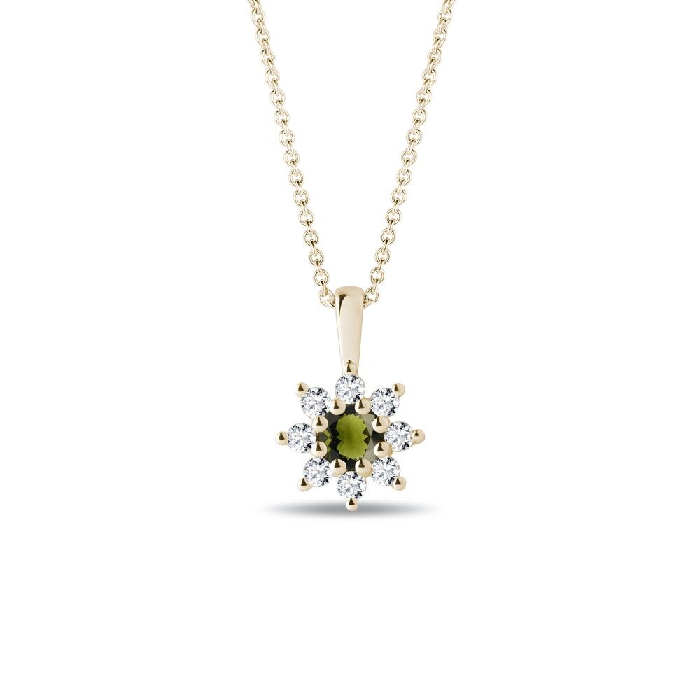 Zlatý náhrdelník s kytičkou z vltavínu a diamantů KLENOTA