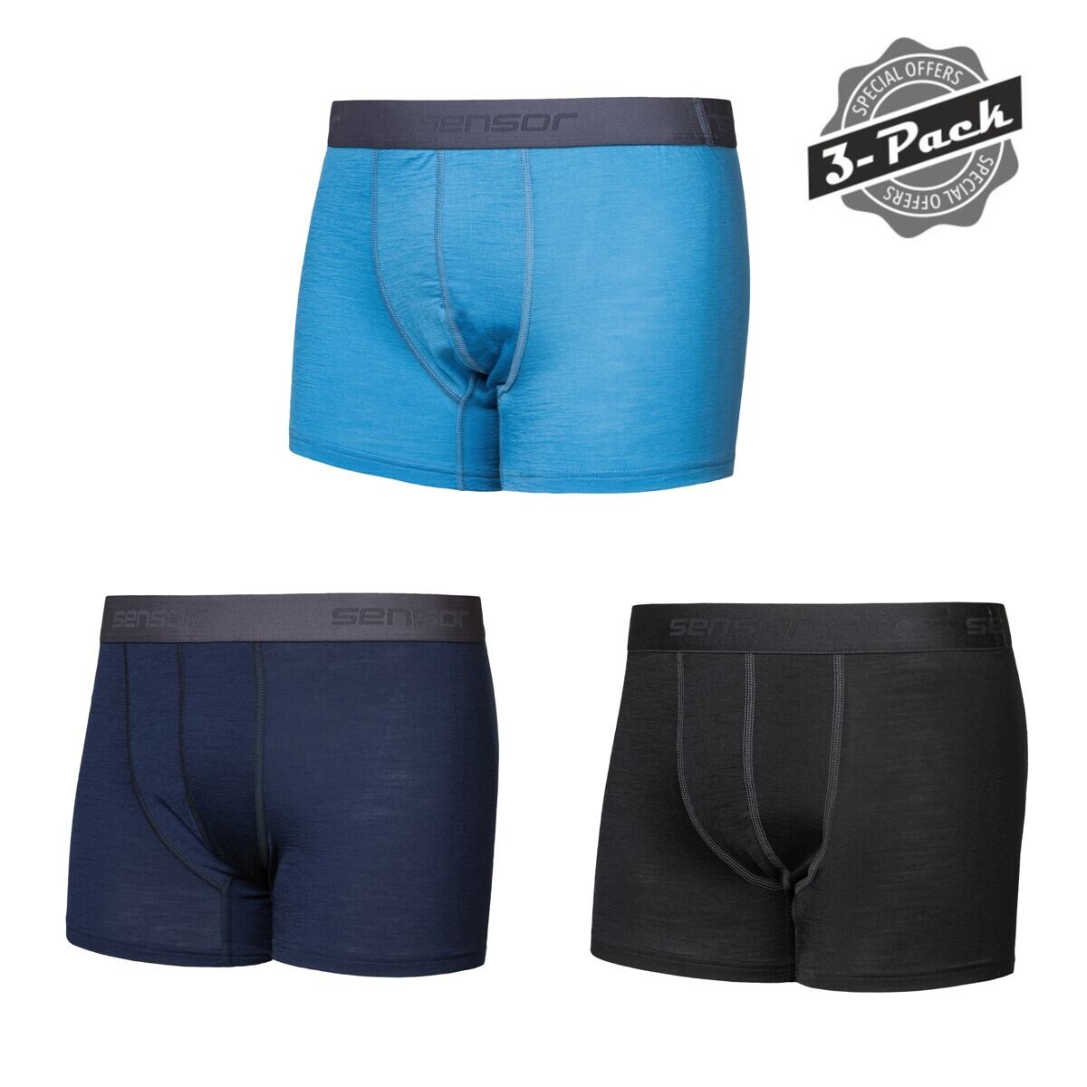 SENSOR MERINO ACTIVE 3-PACK pánské trenky černá/modrá/deep blue Velikost: XXL