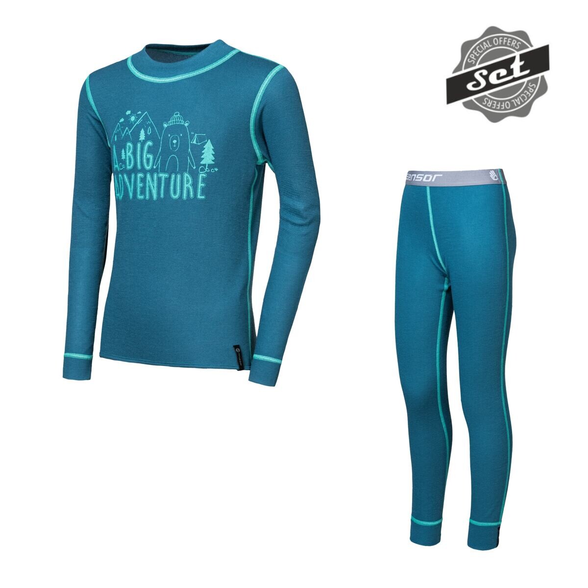 SENSOR DOUBLE FACE SET ADVENTURE dětský triko dl.rukáv + spodky safír Velikost: 100