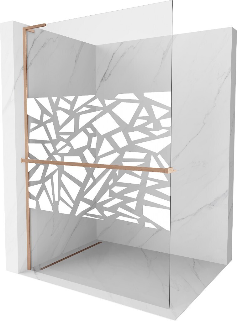 MEXEN/S Kioto+ L Sprchová zástěna WALK-IN s poličkou a držákem ručníků 120 x 200, bílý vzor, měď kartáčovaná 800-120-123-65-85