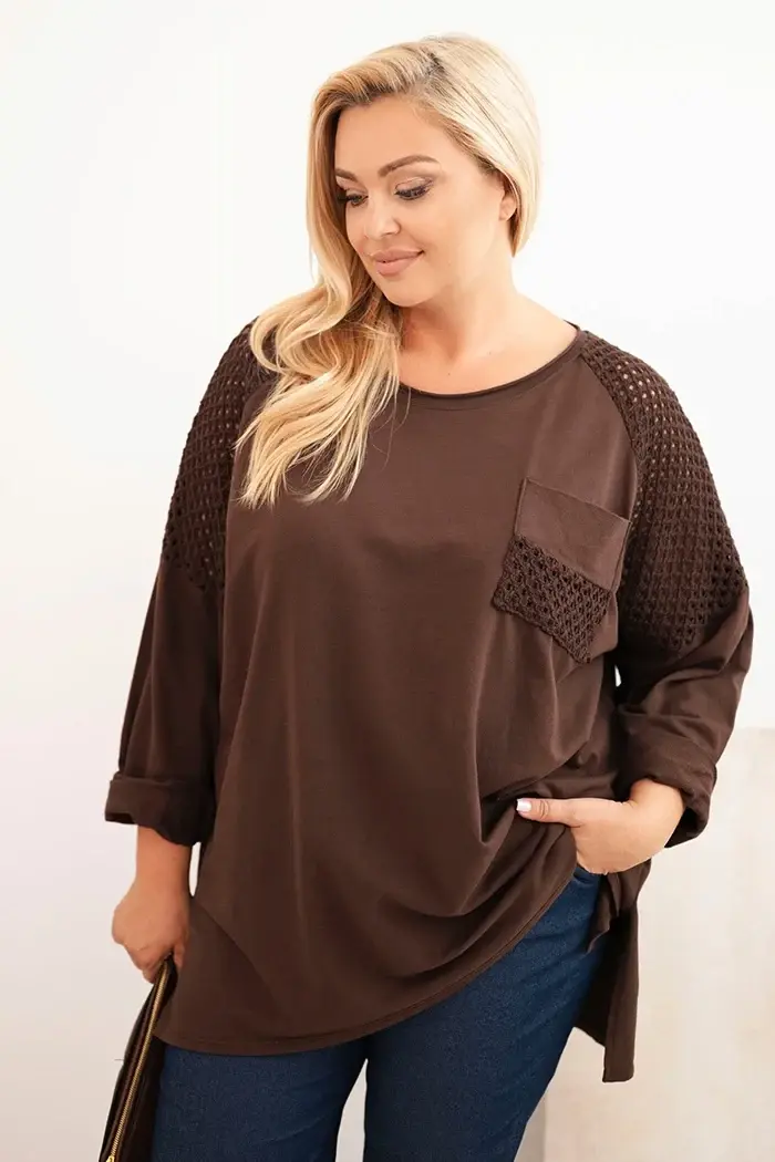Kesi Włoski Dámská plus size bavlněná blůza s potiskem hnědá