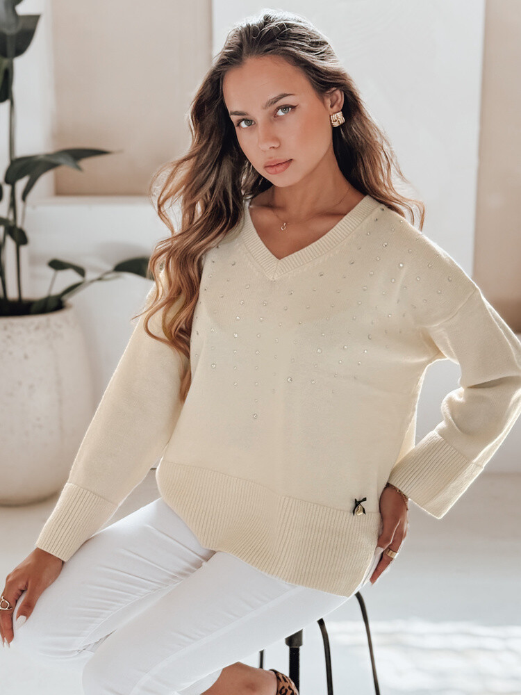 Damski sweter z dekoltem V VERALIA ecru Dstreet