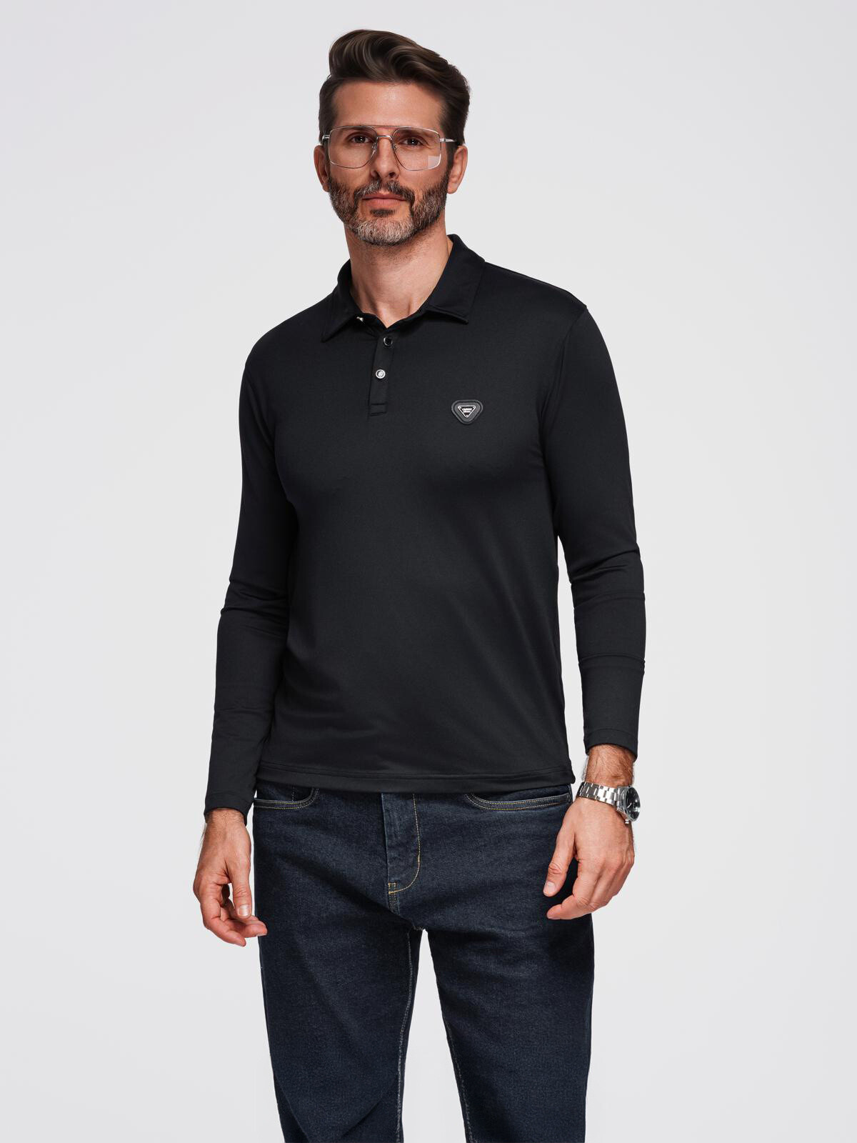 Ombre Polo long sleeve shirt with elegant branded buttons - black